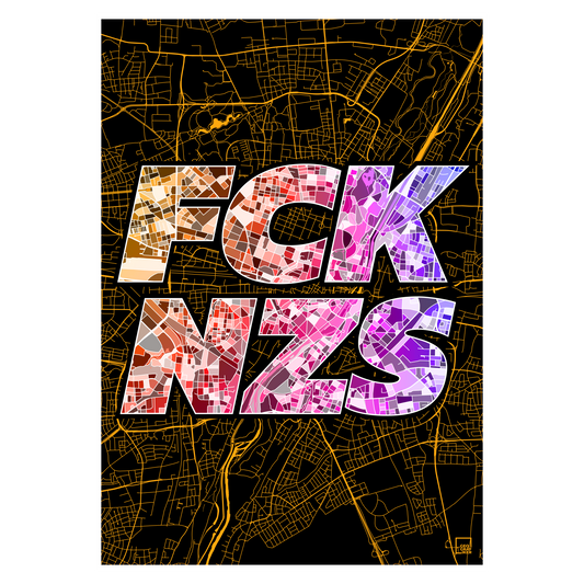 FCK NZS Karte München Hoch | schwarz-gold-orange-lila | Fine Art Print