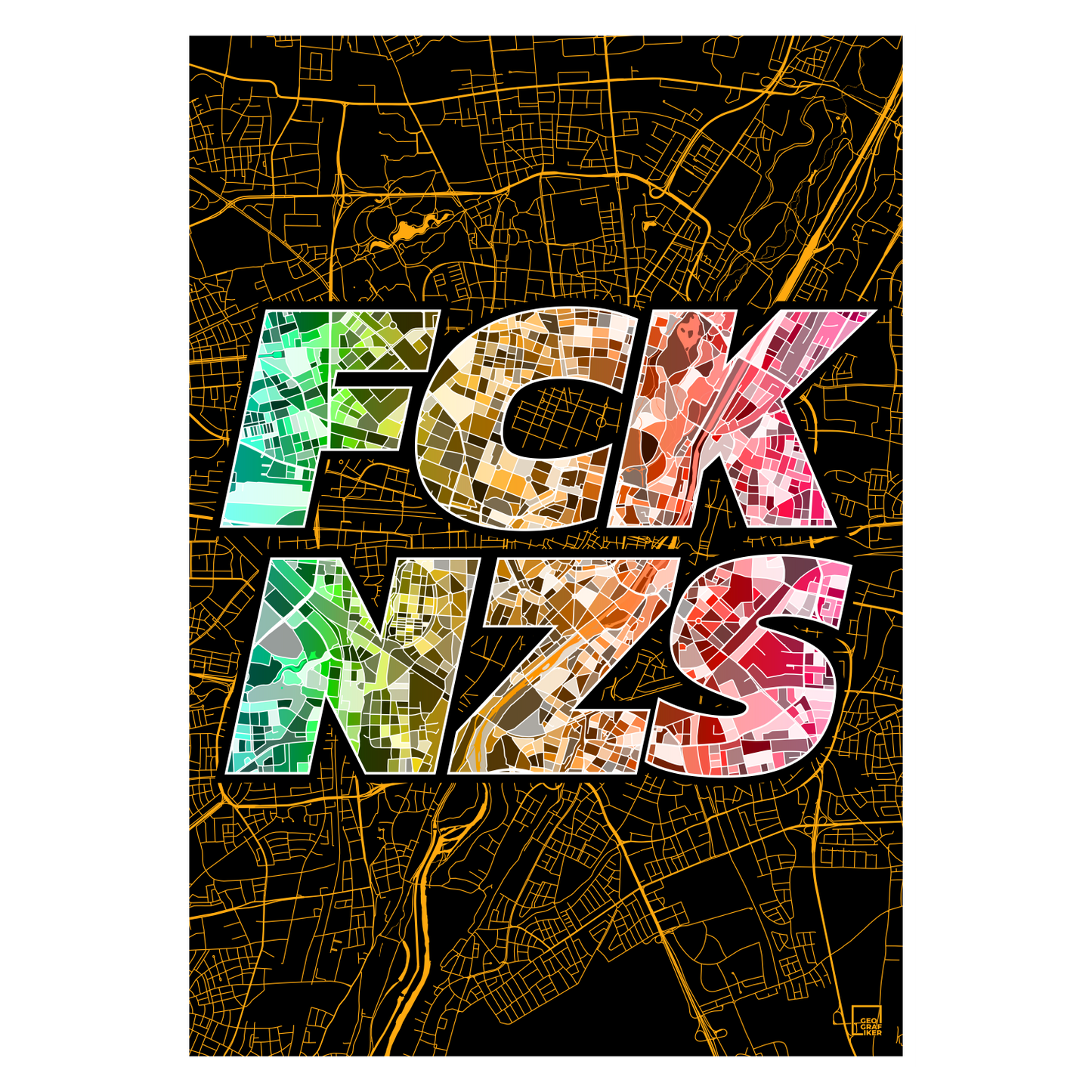 FCK NZS Karte München Hoch | schwarz-gold-grün-rot | Fine Art Print