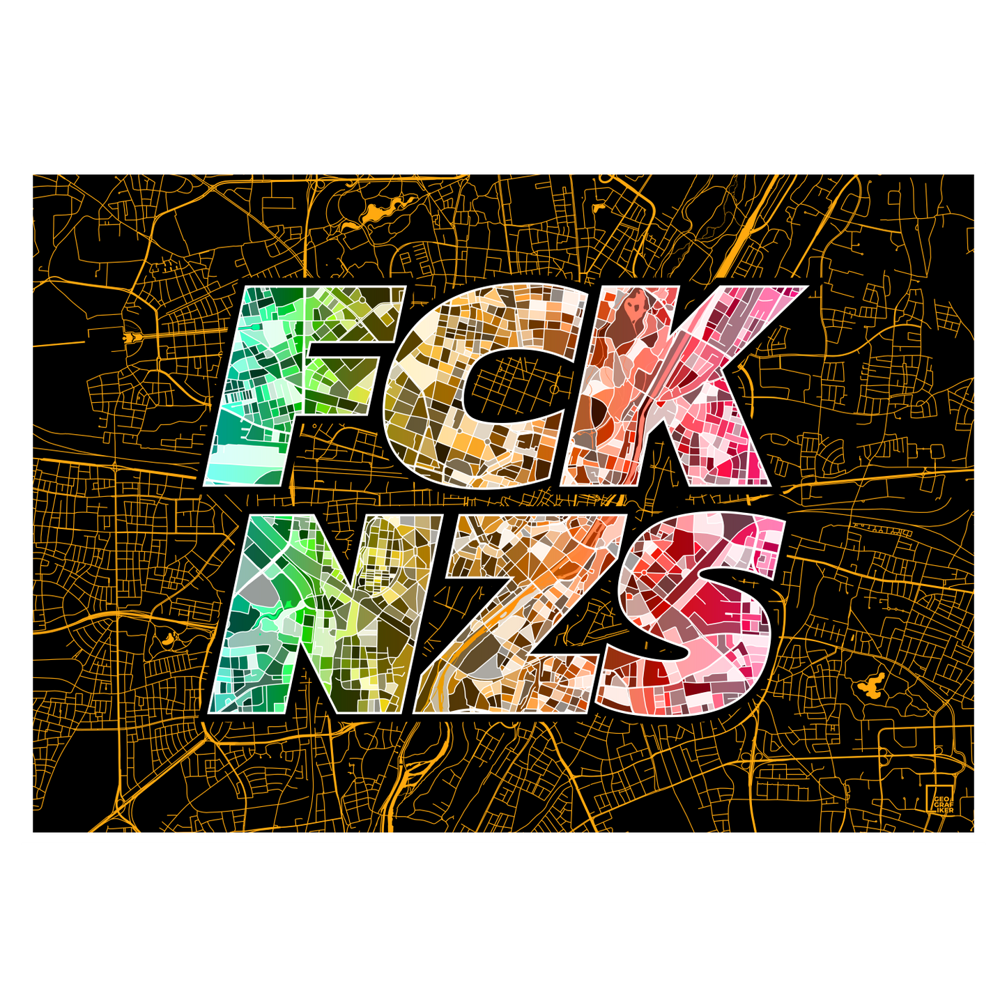 FCK NZS Karte München Quer | schwarz-gold-grün-rot | Fine Art Print