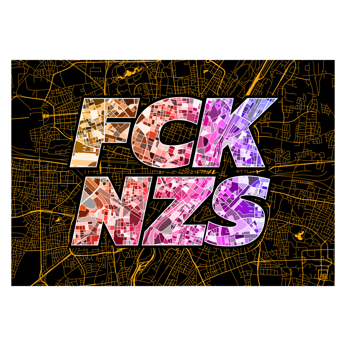 FCK NZS Karte München Quer | schwarz-gold-orange-lila | Fine Art Print