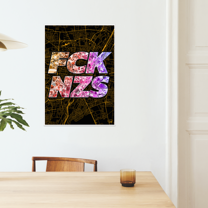 FCK NZS Karte München Hoch | schwarz-gold-orange-lila | Fine Art Print