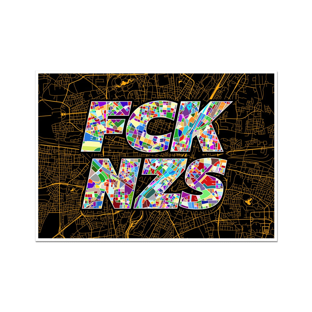 FCK NZS Karte München Quer | schwarz-gold-bunt | Fine Art Print