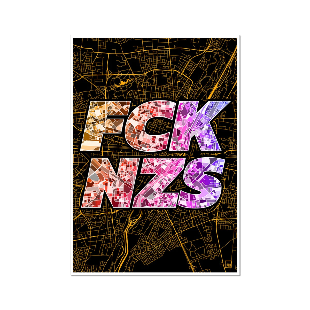 FCK NZS Karte München Hoch | schwarz-gold-orange-lila | Fine Art Print