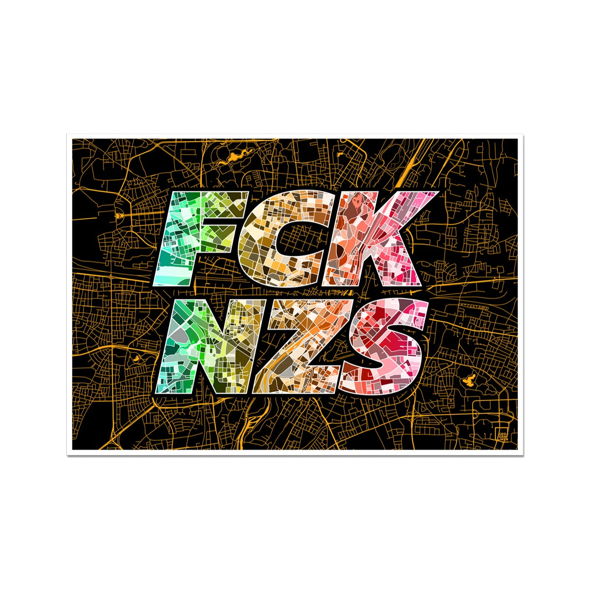 FCK NZS Karte München Quer | schwarz-gold-grün-rot | Fine Art Print